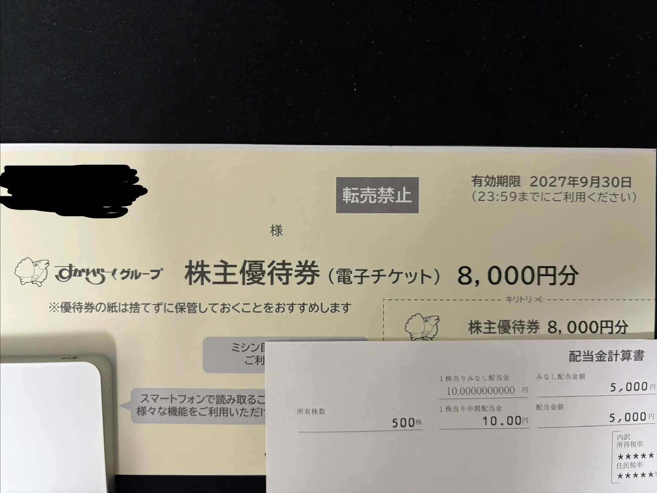 すかいらーくグループ 株主優待券(電子チケット)8,000円分と、配当金計算書